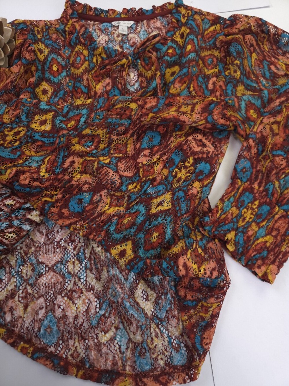 Cato Boho Printed Sheer Blouse in Rust Multicolor Sz L - Picture 7 of 11